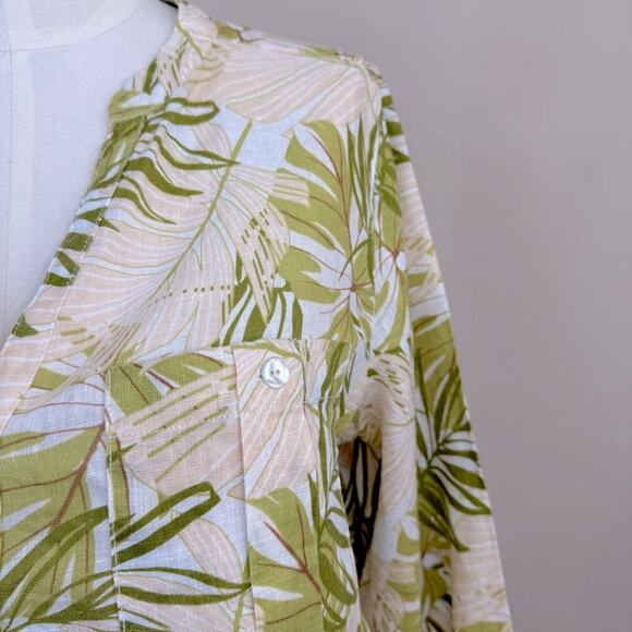 C&C California 100% Linen Tropical Botanical Print Buttons Roll Sleeve Blouse L - Picture 6 of 15